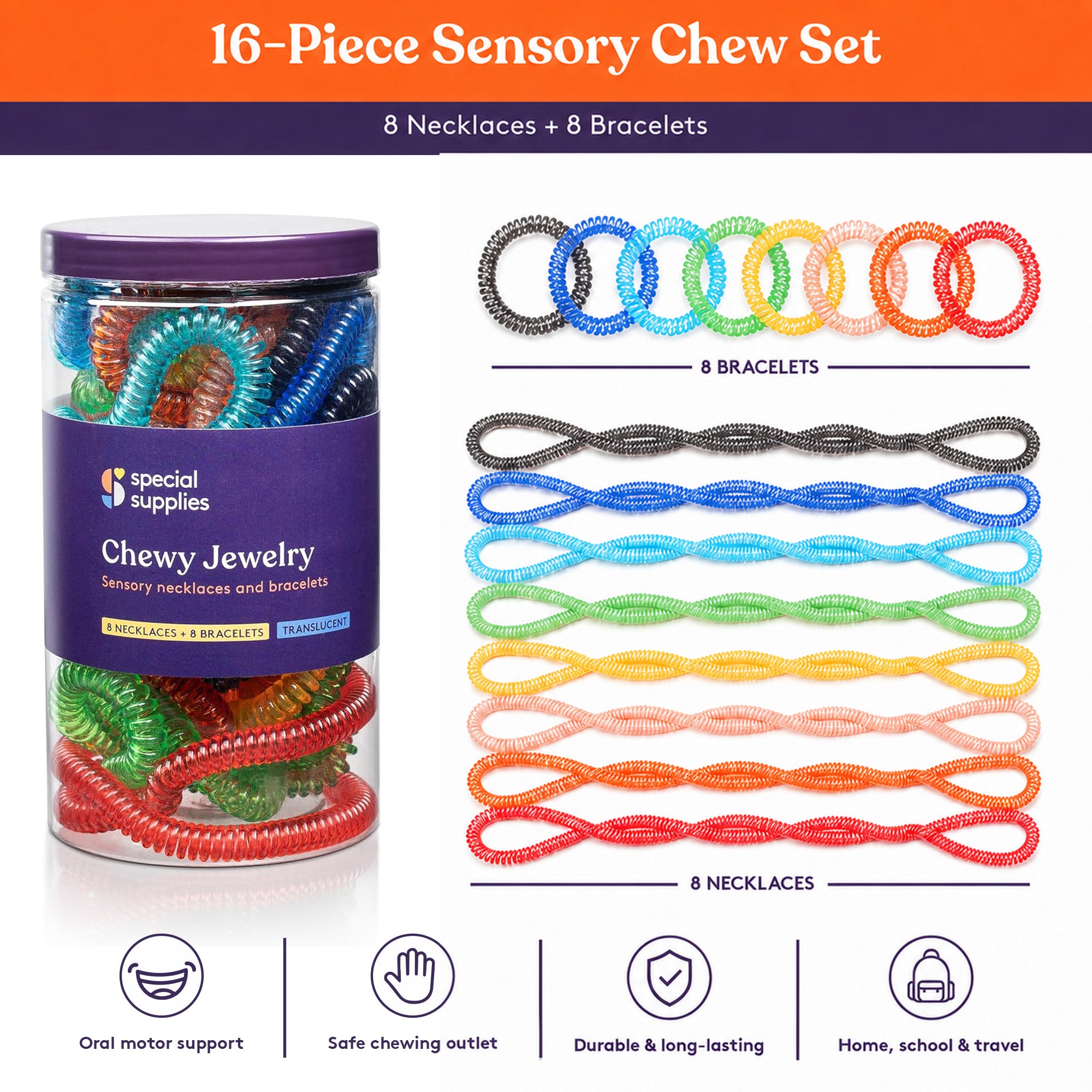 Special Supplies Chewy Jewelry Sensory Translucent Necklaces and Bracelets, 16 Pack, Soft and Flexible Silicone, Interactive Stress and Anxiety Relief for Kids, Supports ADD, ADHD, Autism