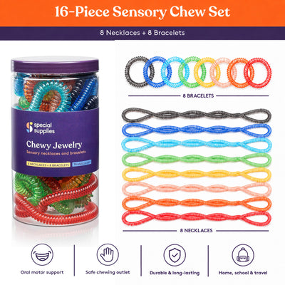 Special Supplies Chewy Jewelry Sensory Translucent Necklaces and Bracelets, 16 Pack, Soft and Flexible Silicone, Interactive Stress and Anxiety Relief for Kids, Supports ADD, ADHD, Autism