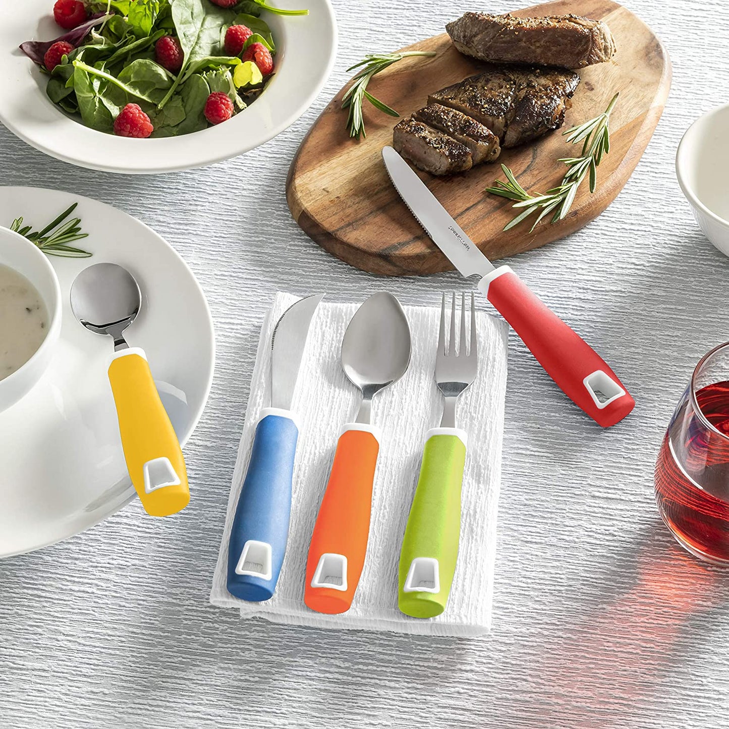 Set of 5 Colored Adaptive Utensils - Stainless Steel Knife, Rocker Knife, Fork, Soup Spoon, Dinner Spoon