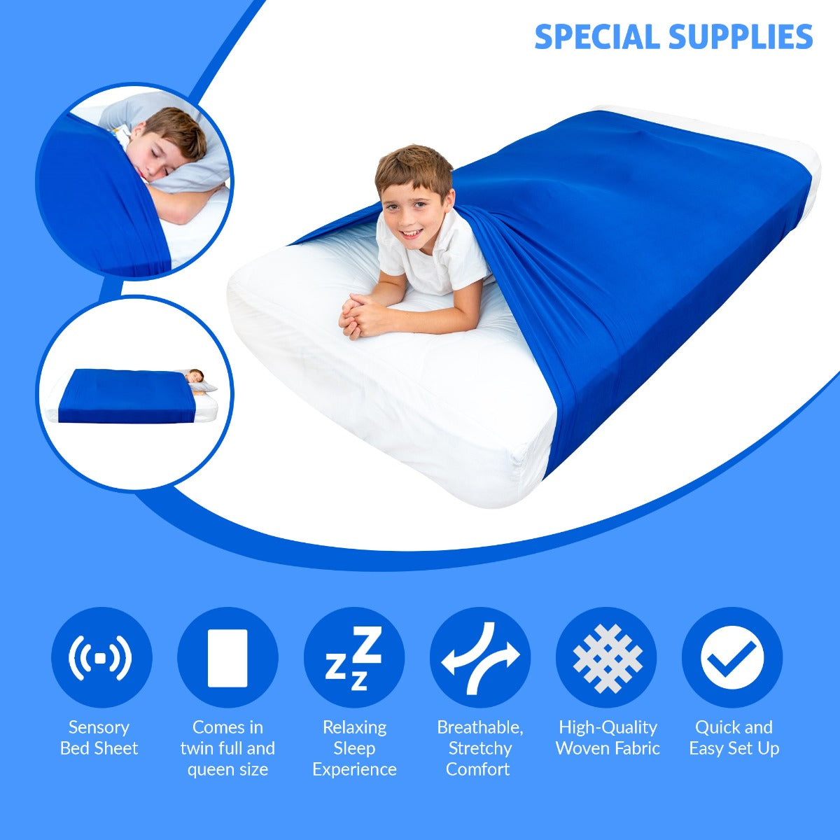 Sensory Bed Sheet for Kids Compression Alternative to Weighted Blankets - Blue