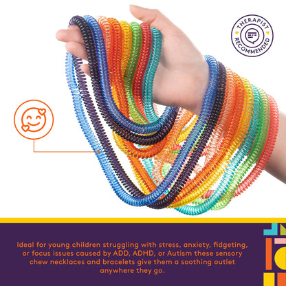 Special Supplies Chewy Jewelry Sensory Translucent Necklaces and Bracelets, 16 Pack, Soft and Flexible Silicone, Interactive Stress and Anxiety Relief for Kids, Supports ADD, ADHD, Autism