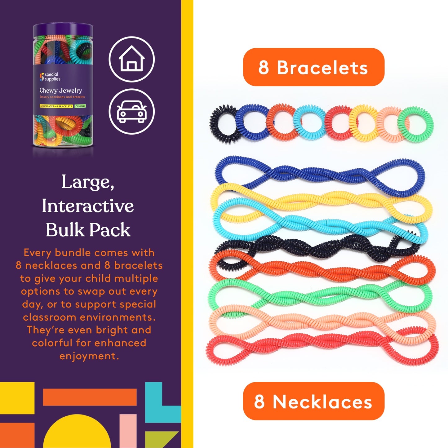 Special Supplies Chewy Jewelry Sensory Necklaces and Bracelets, 16 Pack, Soft and Flexible Silicone, Interactive Stress and Anxiety Relief for Kids, Supports ADD, ADHD, Autism