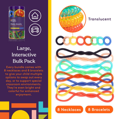 Special Supplies Chewy Jewelry Sensory Translucent Necklaces and Bracelets, 16 Pack, Soft and Flexible Silicone, Interactive Stress and Anxiety Relief for Kids, Supports ADD, ADHD, Autism