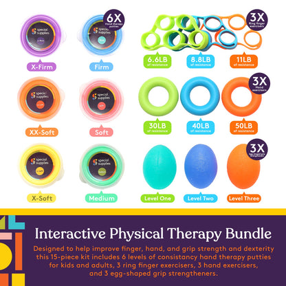 Physical Therapy Putty Kit, Finger Exercisers, and Hand Strengtheners, 15 Pc. Set, Improve Grip Strength, Dexterity, and Mobility, Supports Injury Recovery And Stress Relief, For Kids and Adults