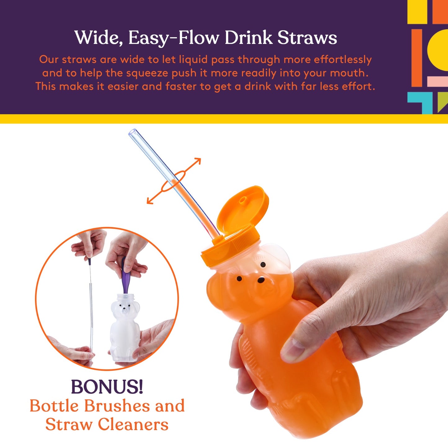 6-pack Juice Bear Bottle Drinking Cup with Long Straws (8 Ounces)