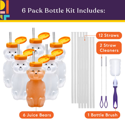 6-pack Juice Bear Bottle Drinking Cup with Long Straws (8 Ounces)