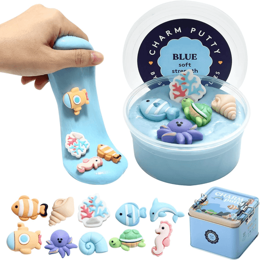 Therapy Putty for Kids and Adults with 10 Cute Charms - Resistive Hand Exercise Stress Relief Therapy Putty, Five Ounces of Each Putty (Sea Set - Strength: Soft)