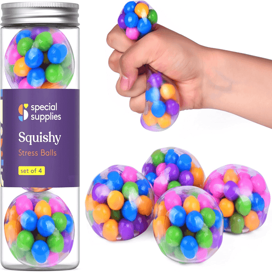 Squishy Stress Ball (4-Pack) Squeeze, Color Sensory Toy | Relieve Tension, Anxiety, ADHD | Home, Travel and Office Use | Fun for Kids and Adults