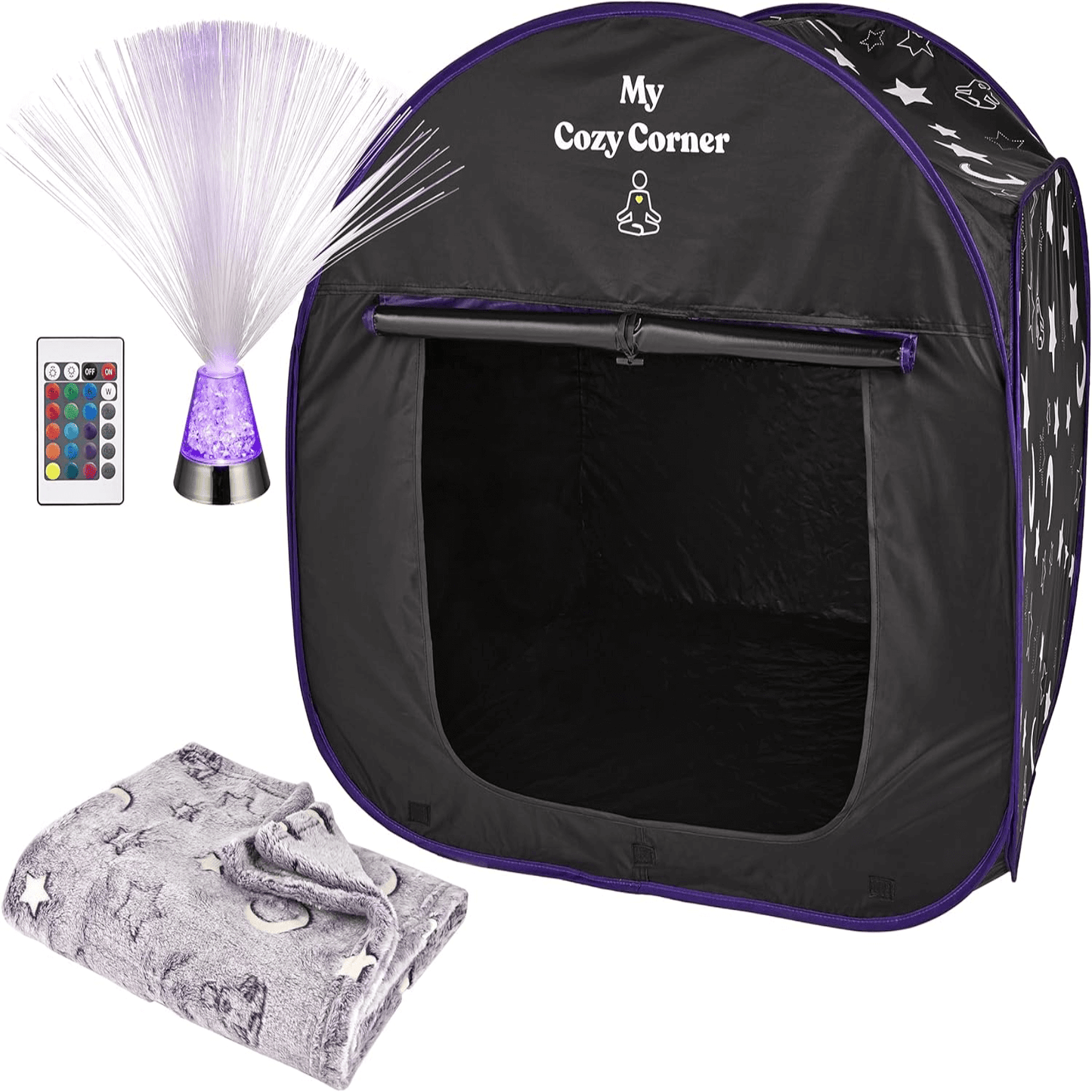 Blackout Sensory Tent for Kids, Pop Up Calming Play Room with Fiber Optic Lamp and Glow-in-The-Dark Fuzzy Blanket