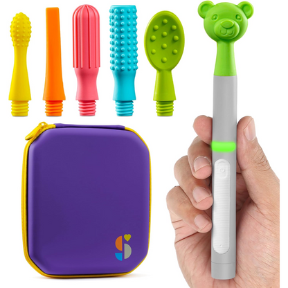 BUZZ BUDDY™ Oral Stimulation Kit with 6 Soft Textured Interchangeable Heads, Calm Sensory Needs, Support Speech, and Stimulate Self Feeding, Gentle Vibrations