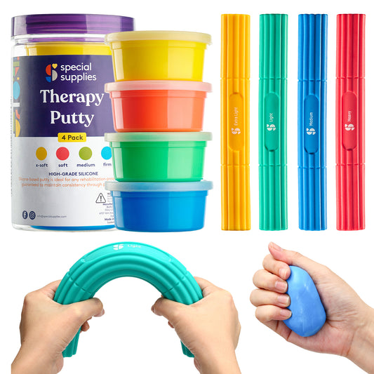 Special Supplies Physical Hand Therapy Putty & Flex Therapy Bar Resistive Hand Exercise Kit – Improve Grip, Strength, Dexterity & Mobility – Injury & Stress Relief – 8 Piece Set
