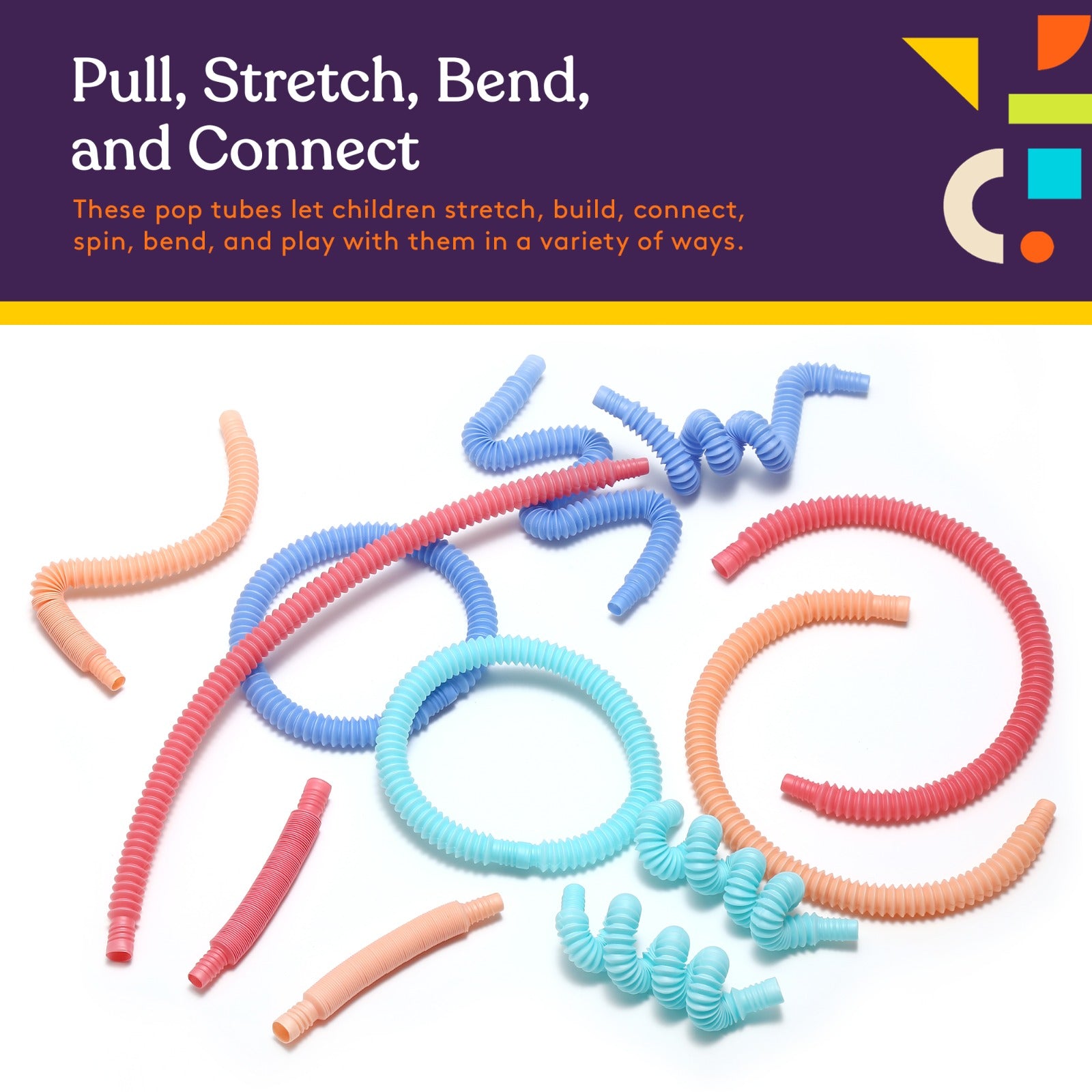 Special Supplies 12-Pack MINI Fun Pull and Pop Tubes for Kids Stretch, Bend, Build, and Connect Toy, Provide Tactile and Auditory Sensory Play, Colorful, Heavy-Duty Plastic (Pastel)