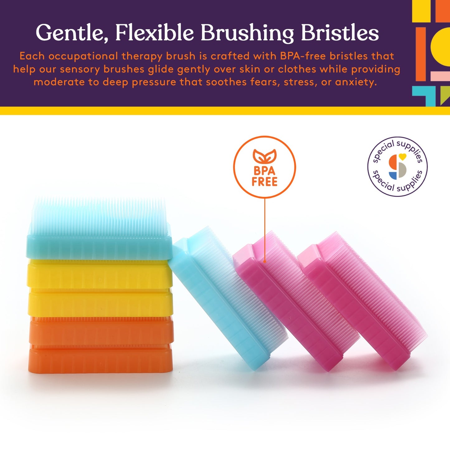 Special Supplies Therapressure Therapy Brush for Occupational and Sensory Brushing - Primary Colors - 8 Pack