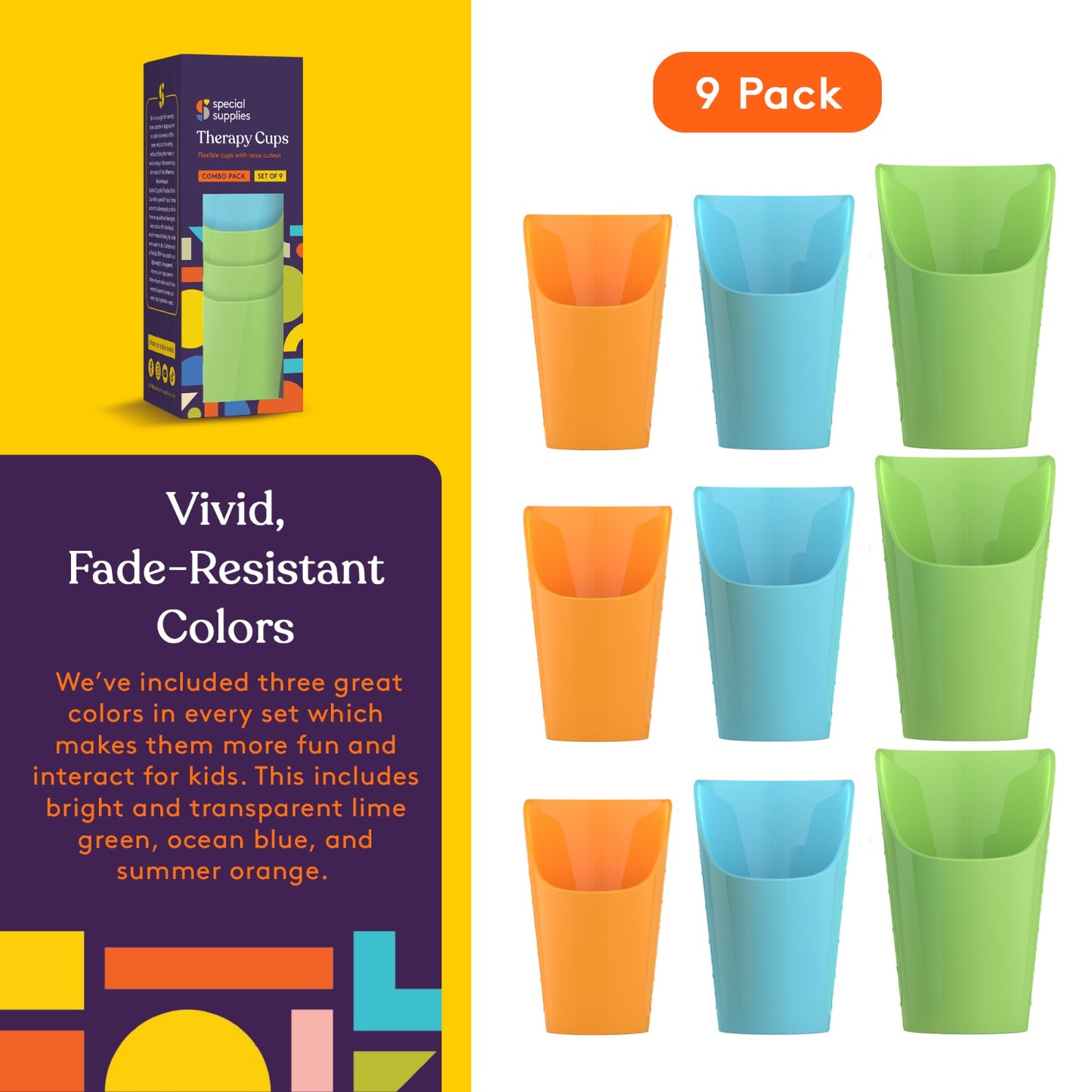 Combo Pack of 9 Flexible Drinking Cups with Nose Mold Cutout, 9 Pc. Set for Physical Therapy