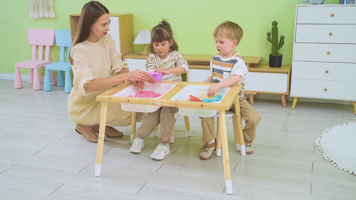 Kid’s Sensory Table Set with Deep Water and Sand Bins, Writable Lids, Chalk and Dry Erase Markers, and 2 Children’s Stools