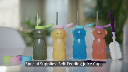 4-Pack Juice Buddies straw cup Long Straws, Squeezable Therapy and Special Needs Assistive Drink Container, Spill Proof and Leak Resistant Lid