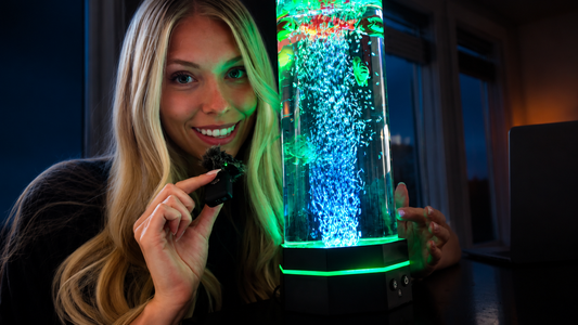 Special Supplies Aquarium Sensory Fish Bubble Light Tube with 16 LED Color Changing Nightlight Effect, Remote Control, and 5 Fish, Colorful Desk Standing Lamp 16"