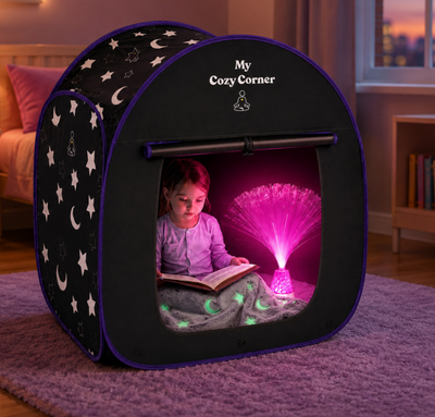 Blackout Sensory Tent for Kids, Pop Up Calming Play Room with Fiber Optic Lamp and Glow-in-The-Dark Fuzzy Blanket