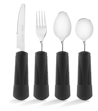 Adaptive Utensils - Weighted and Bendable 6 oz. Arthritis Aid Silverware - Easy Grip for Shaking, Elderly & Trembling Hands - Stainless Steel Spoons, Fork & Knife - Black