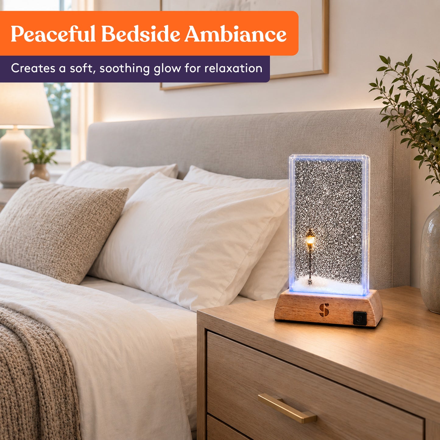 Special Supplies Soft Snowfall Glow Lamp with 3 Color LED Modes, Sensory Night Light with Floating Snow Effect, Acrylic Mood Lamp with Wooden Base for Bedroom Desk Office Relaxation Decor- EU Style