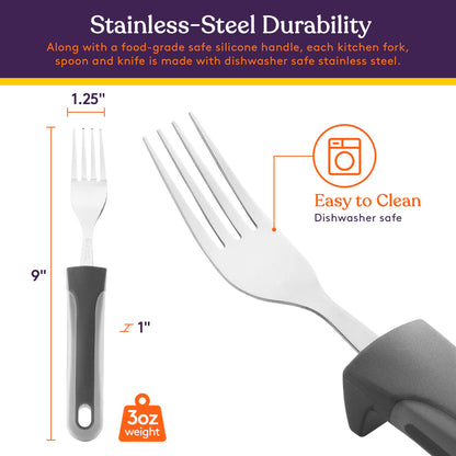 Adaptive Utensils - Arthritis Aid Silverware - Easy Grip for Shaking, Elderly & Trembling Hands - Stainless Steel Spoons, Fork & Knife Included - Gray