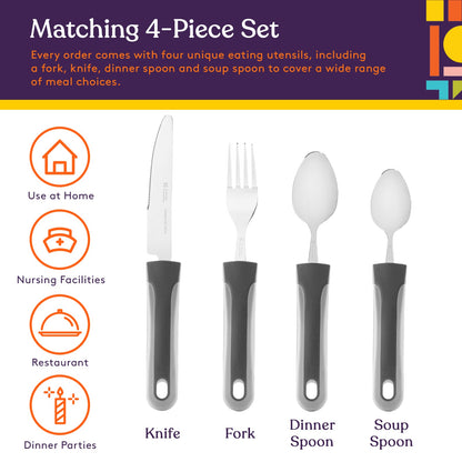 Adaptive Utensils - Arthritis Aid Silverware - Easy Grip for Shaking, Elderly & Trembling Hands - Stainless Steel Spoons, Fork & Knife Included - Gray