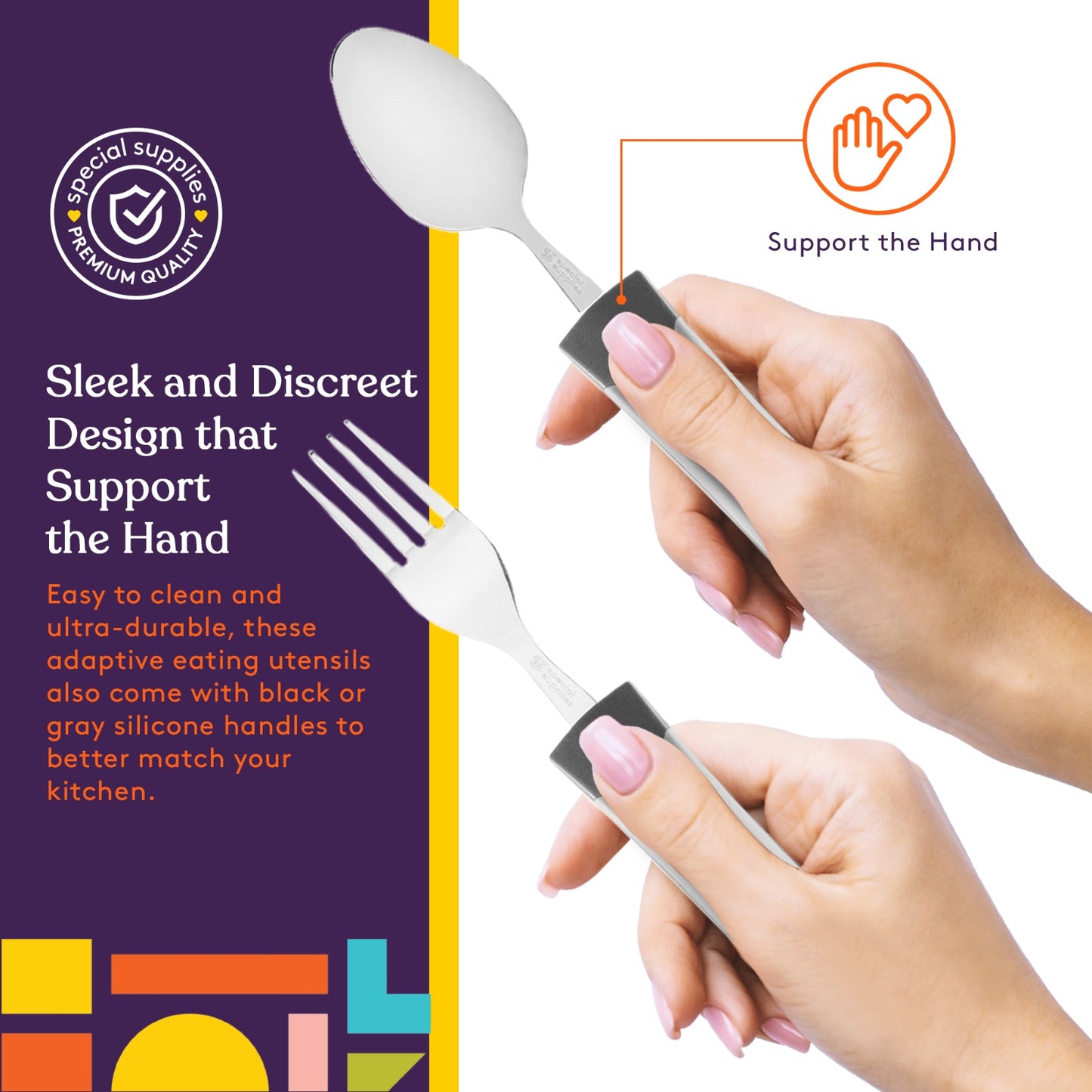 Adaptive Utensils - Arthritis Aid Silverware - Easy Grip for Shaking, Elderly & Trembling Hands - Stainless Steel Spoons, Fork & Knife Included - Gray