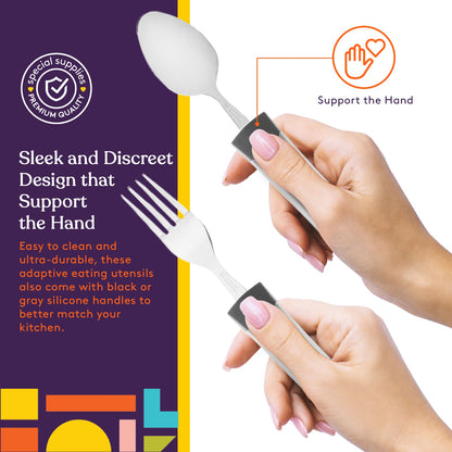 Adaptive Utensils - Arthritis Aid Silverware - Easy Grip for Shaking, Elderly & Trembling Hands - Stainless Steel Spoons, Fork & Knife Included - Gray