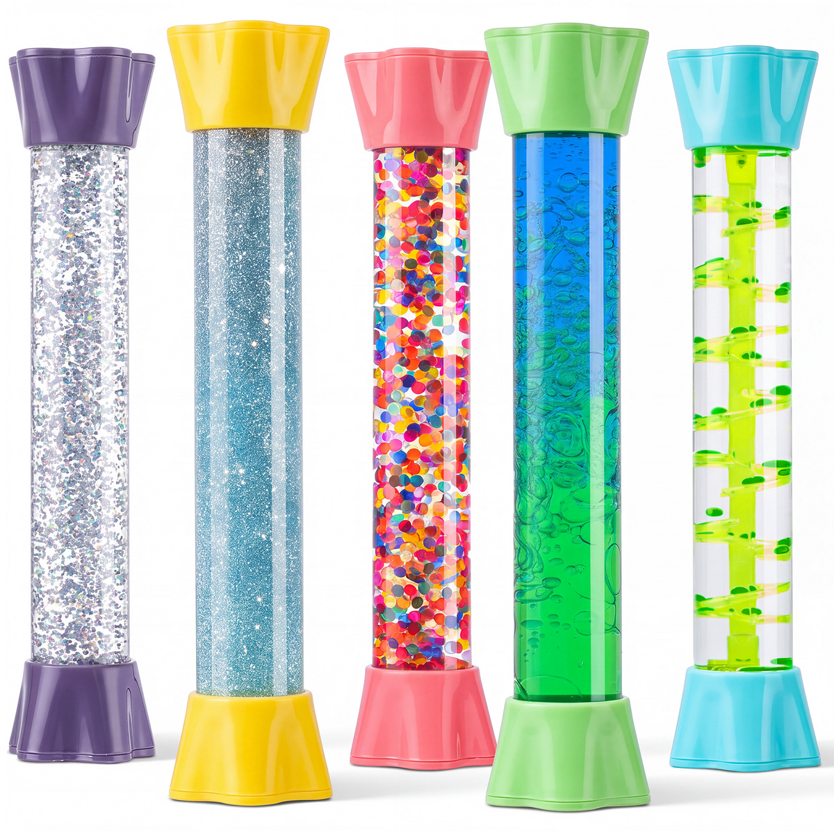 Liquid Motion Bubbler Toy Cool Tubes 5-Pack Colorful Hourglass Timer with Droplet Movement, Bedroom, Sensory Play, Cool Home or School