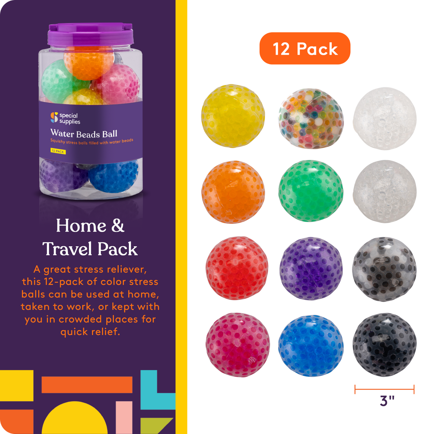 Special Supplies Squish Water Beads Stress Ball (12-Pack) Squeeze, Color Sensory Toy - Relieve Tension, Stress - Home, Travel and Office Use - Fun for Kids and Adults (Squishy)