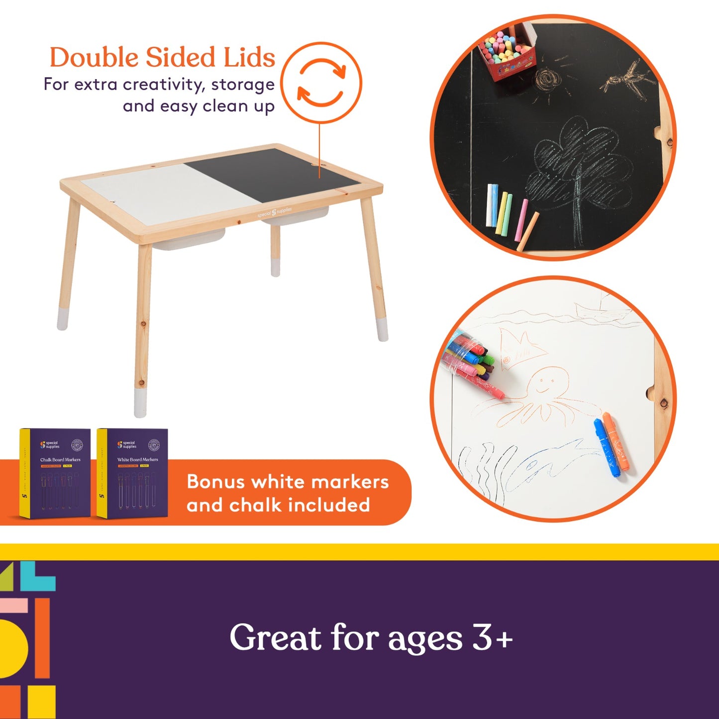 Kid’s Sensory Table Set with Deep Water and Sand Bins, Writable Lids, Chalk and Dry Erase Markers, and 2 Children’s Stools