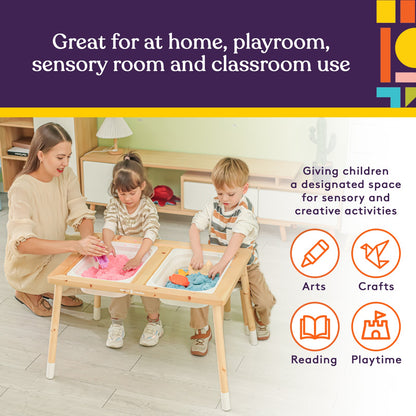 Kid’s Sensory Table Set with Deep Water and Sand Bins, Writable Lids, Chalk and Dry Erase Markers, and 2 Children’s Stools