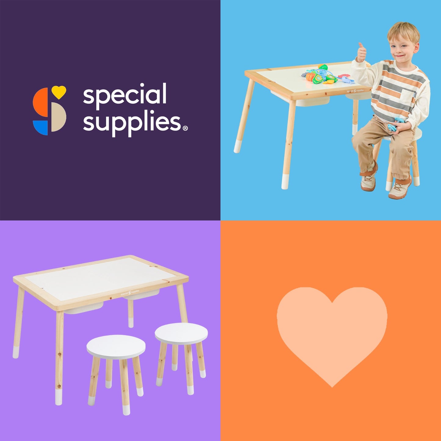 Kid’s Sensory Table Set with Deep Water and Sand Bins, Writable Lids, Chalk and Dry Erase Markers, and 2 Children’s Stools