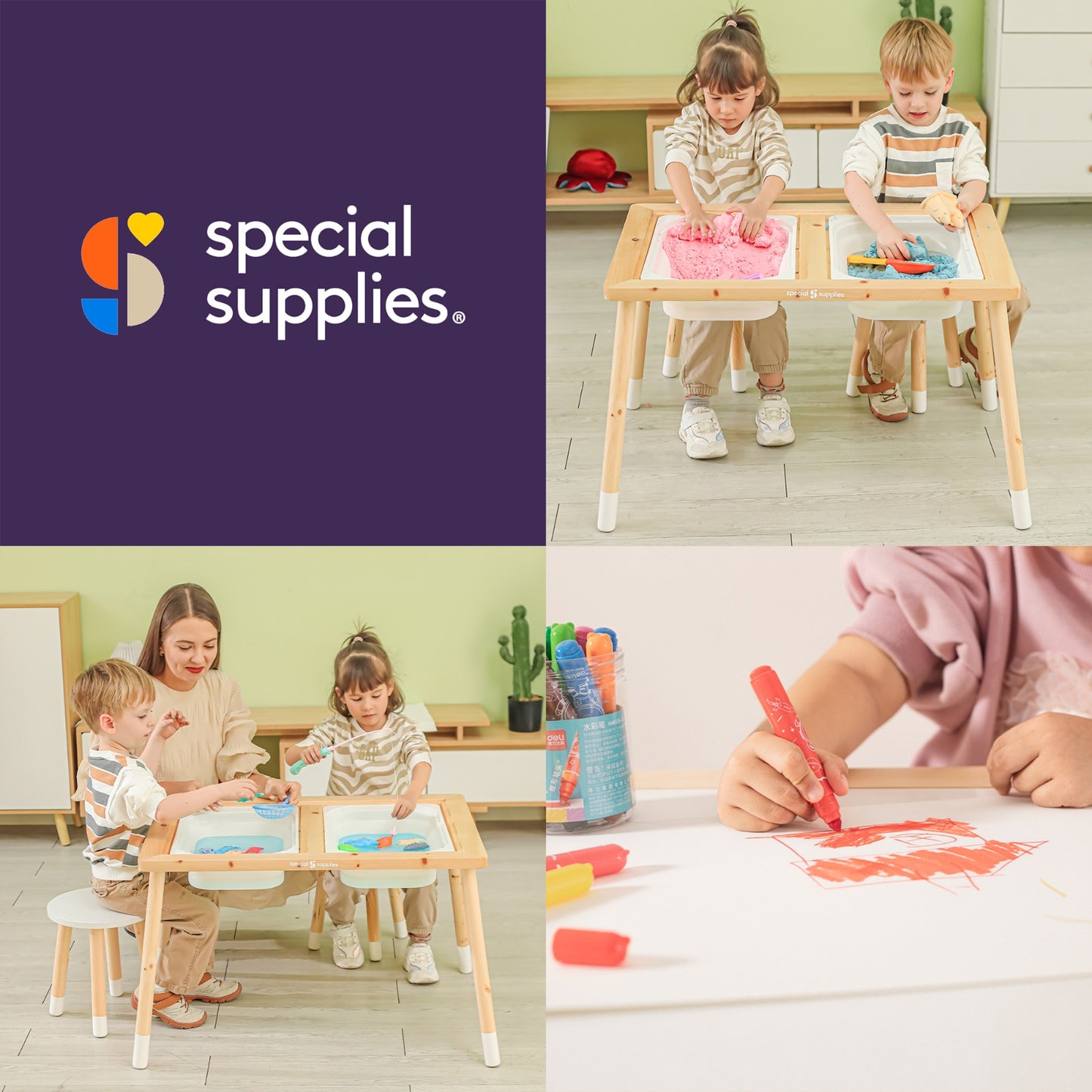 Kid’s Sensory Table Set with Deep Water and Sand Bins, Writable Lids, Chalk and Dry Erase Markers, and 2 Children’s Stools