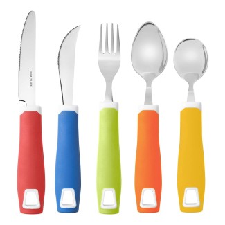 Set of 5 Colored Adaptive Utensils - Stainless Steel Knife, Rocker Knife, Fork, Soup Spoon, Dinner Spoon