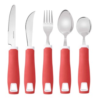 Set of 5 Red Adaptive Utensils - Stainless Steel Knife, Rocker Knife, Fork, Soup Spoon, Dinner Spoon