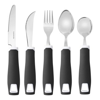 Set of 5 Black Adaptive Utensils - Stainless Steel Knife, Rocker Knife, Fork, Soup Spoon, Dinner Spoon