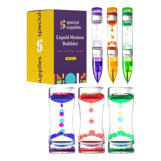 Special Supplies Liquid Motion Bubbler Toy Timer and Pen Combo (Set of 6) Colorful Hourglass Timer with Droplet Movement, Bedroom, Kitchen, Bathroom Sensory Play, Cool Home or Desk Décor