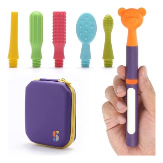 BUZZ BUDDY™ Oral Stimulation Kit with 6 Soft Textured Interchangeable Heads, Calm Sensory Needs, Support Speech, and Stimulate Self Feeding, Gentle Vibrations