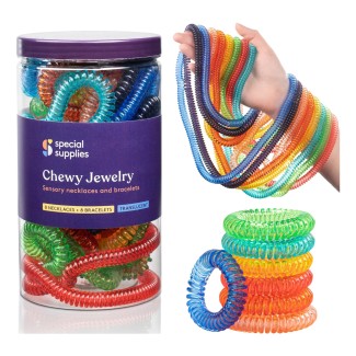 Special Supplies Chewy Jewelry Sensory Translucent Necklaces and Bracelets, 16 Pack, Soft and Flexible Silicone, Interactive Stress and Anxiety Relief for Kids, Supports ADD, ADHD, Autism