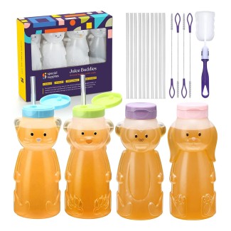 4-Pack Juice Buddies straw cup Long Straws, Squeezable Therapy and Special Needs Assistive Drink Container, Spill Proof and Leak Resistant Lid