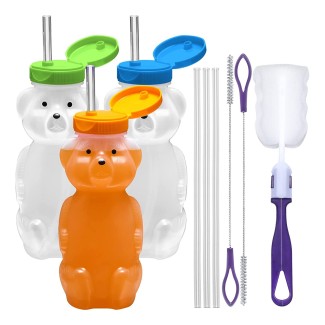 3-pack Juice Bear Bottle Drinking Cup with Long Straws (8 Ounces) (Orange,Green,Blue Caps)