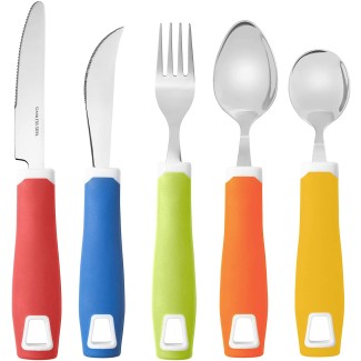 Set of 5 Colored Adaptive Utensils - Stainless Steel Knife, Rocker Knife, Fork, Soup Spoon, Dinner Spoon