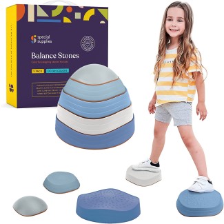 Special Supplies Stepping Stones for Kids, 5 Balance Indoor and Outdoor Blocks Promote Coordination, Balance, Strength, Child Safe Rubber, Non-Slip Edging, Stackable, Ocean Colors
