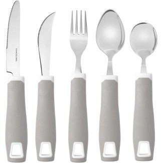 Set of 5 Gray Adaptive Utensils - Stainless Steel Knife, Rocker Knife, Fork, Soup Spoon, Dinner Spoon