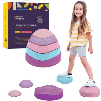 Special Supplies Stepping Stones for Kids, 5 Balance Indoor and Outdoor Blocks Promote Coordination, Balance, Strength, Child Safe Rubber, Non-Slip Edging, Stackable, Unicorn Colors