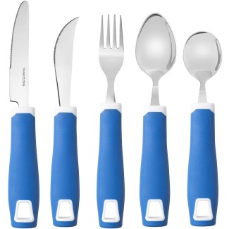 Set of 5 Blue Adaptive Utensils - Stainless Steel Knife, Rocker Knife, Fork, Soup Spoon, Dinner Spoon