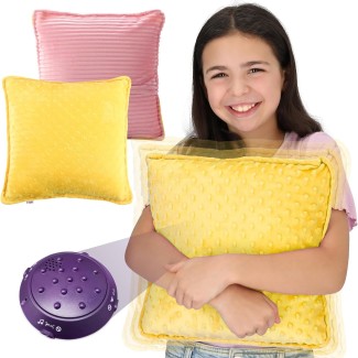 Vibrating Pillow Sensory Pressure Activated for Kids and Adults, 12” x 12” Plush Minky Soft Cover with Textured Therapy Stimulation Bumps, Pink and Yellow