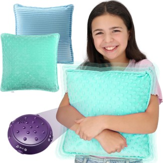 Vibrating Pillow Sensory Pressure Activated for Kids and Adults, 12” x 12” Plush Minky Soft Cover with Textured Therapy Stimulation Bumps, Blue and Green