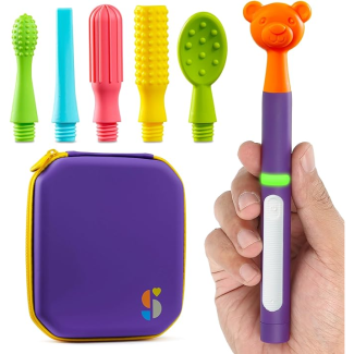 BUZZ BUDDY™ Oral Stimulation Kit with 6 Soft Textured Interchangeable Heads, Calm Sensory Needs, Support Speech, and Stimulate Self Feeding, Gentle Vibrations